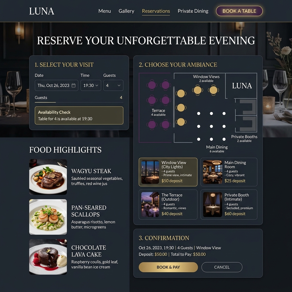 Restaurant booking system showing table selection and reservation forms