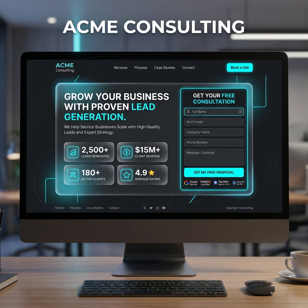 Lead generation page showing visual statistics and contact form mockup