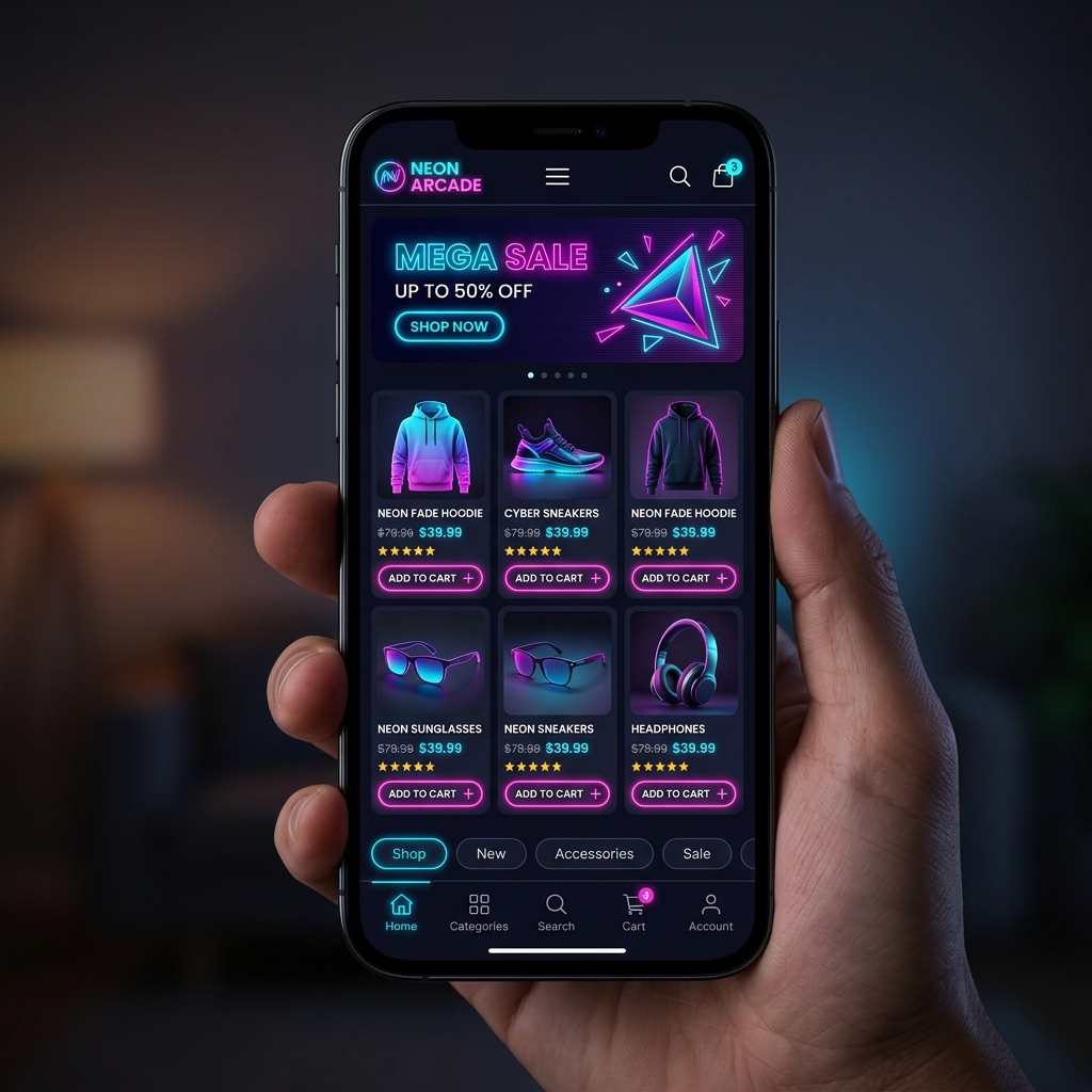 Modern shopfront mockup showing a clean product grid on a mobile device